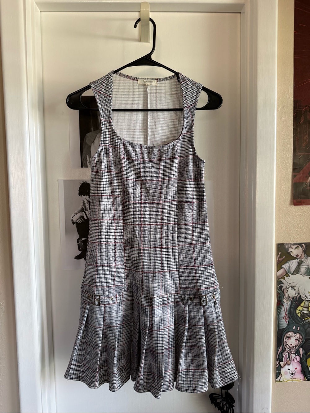 Sleeveless Plaid Drop-Waist Dress with Red Windowpane Detail
